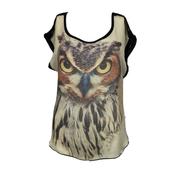 Wet Seal Tops - Wet Seal Shirt Womens Sz M Black Beige Owl Print Sheer Scoop Neck Top Blouse‎